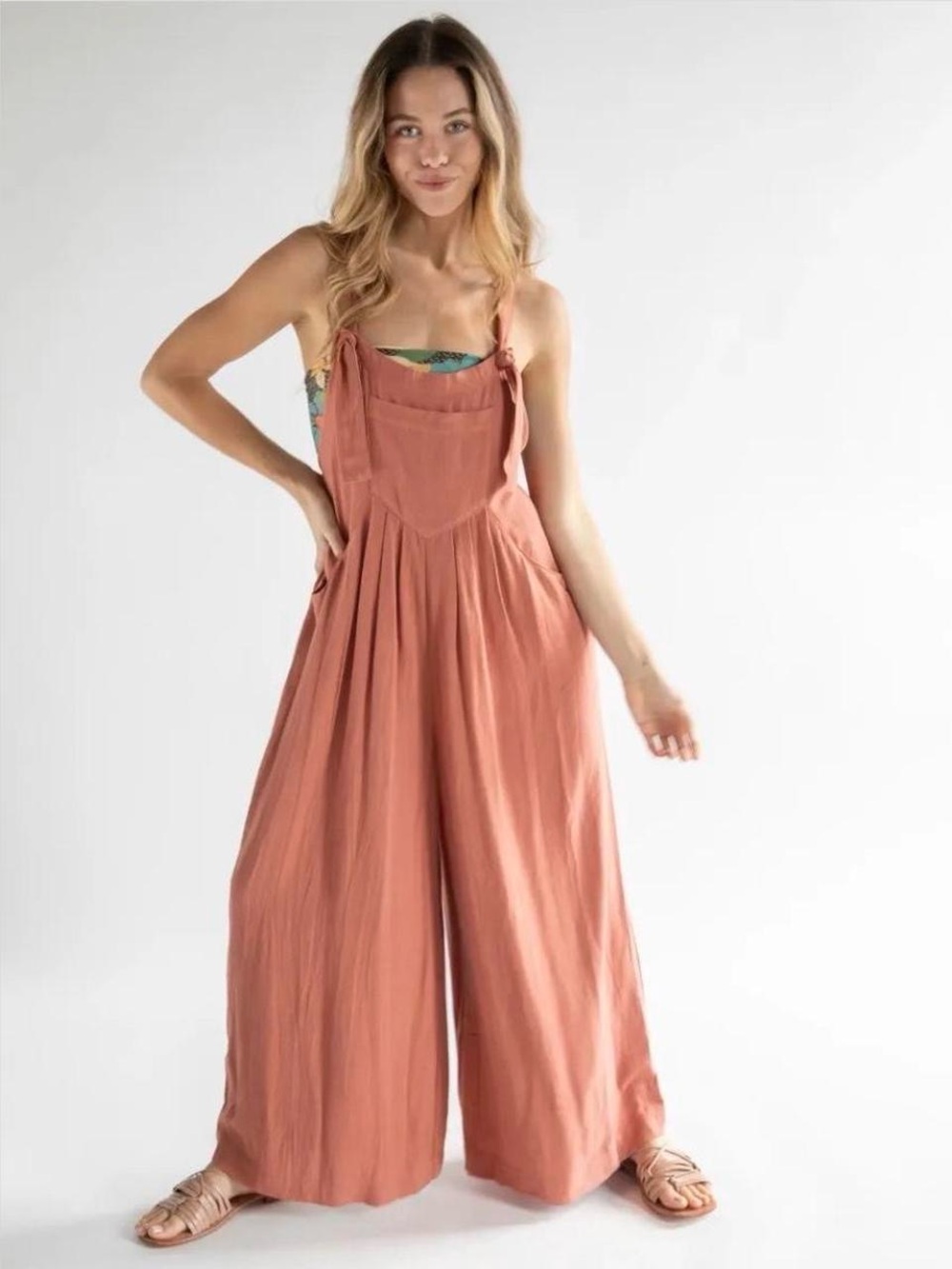 NATURAL LIFE Wide-Leg Tie-Strap Jumpsuit in Rust